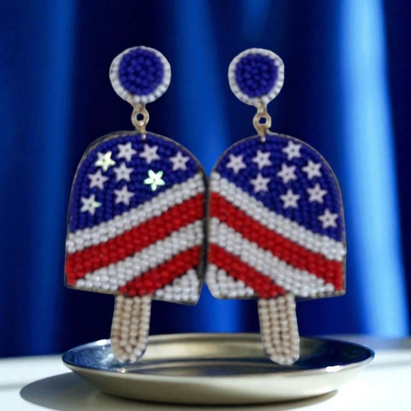 SEED BEAD STARS AND STRIPES EARRING #2 - Picture 1 of 6